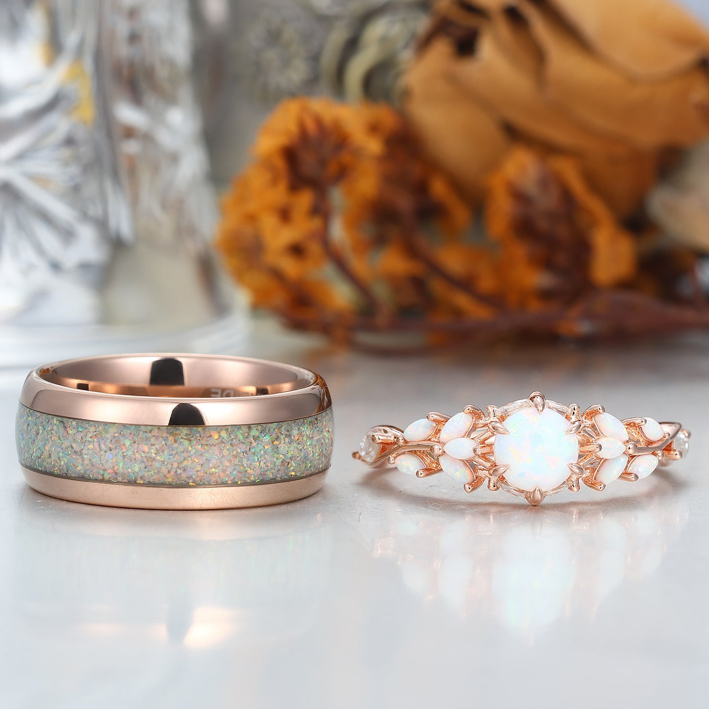Leaf Design Pink White Opal Couples Ring Set Rose Gold Plated Matching Promise His and Hers Wedding Rings