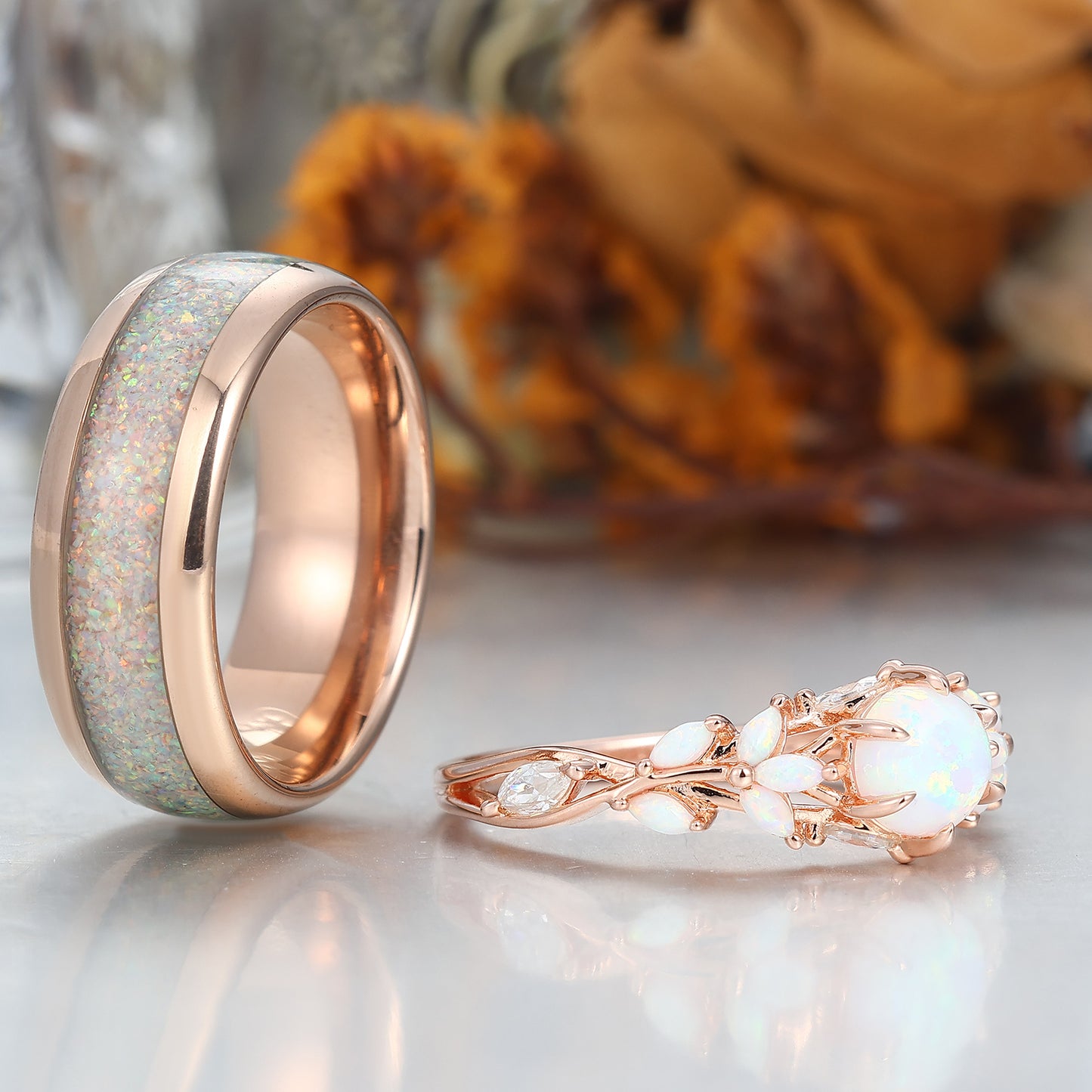 Leaf Design Pink White Opal Couples Ring Set Rose Gold Plated Matching Promise His and Hers Wedding Rings