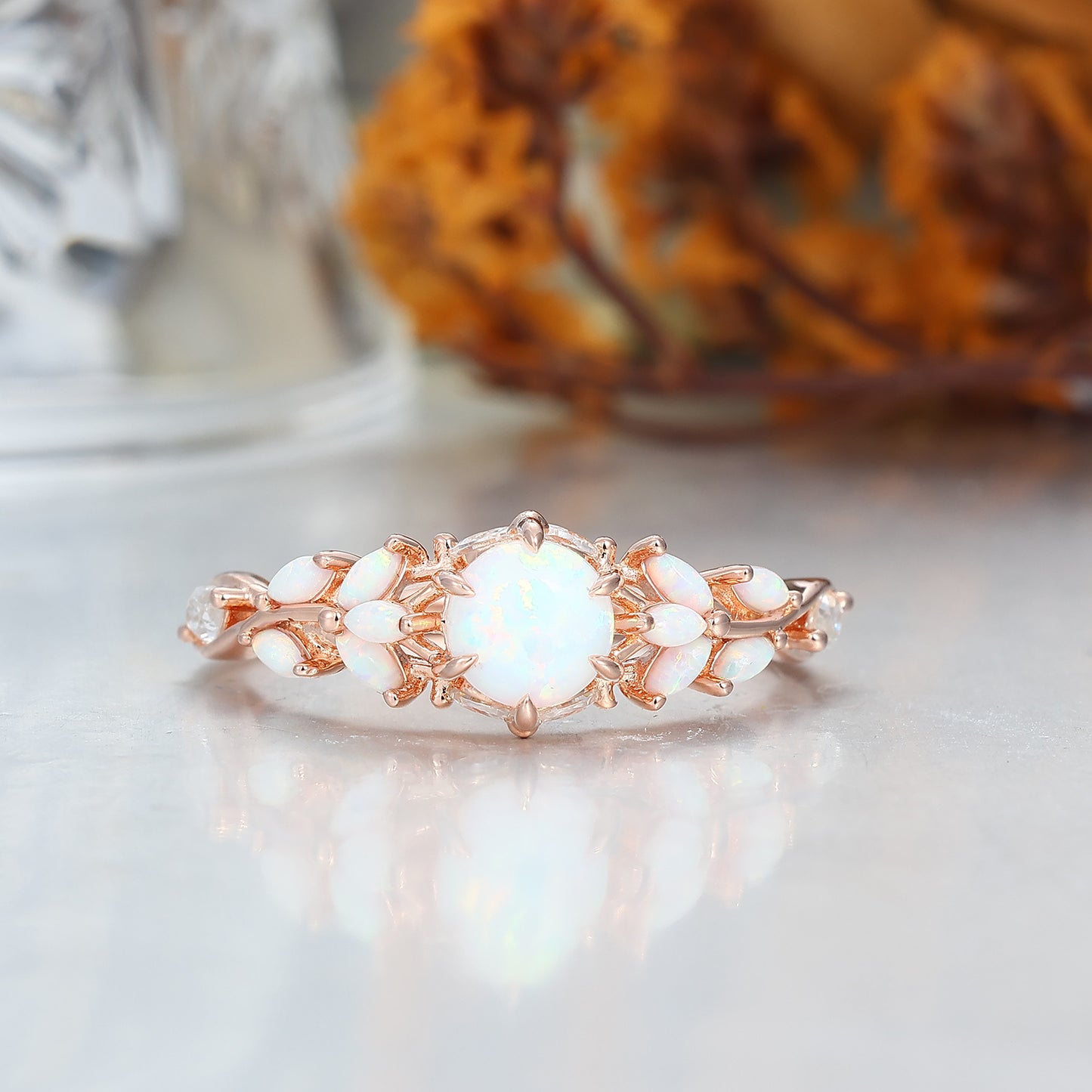 Leaf Design Pink White Opal Couples Ring Set Rose Gold Plated Matching Promise His and Hers Wedding Rings