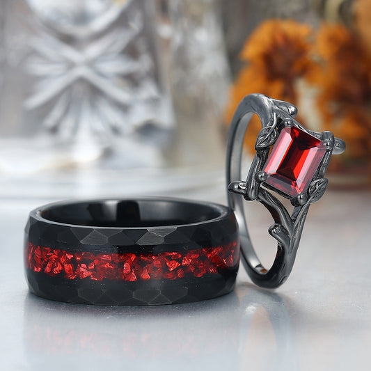 Emerald Cut Red Garnet Branches Couples Ring Set Red Opal Tungsten Matching His and Hers Wedding Band
