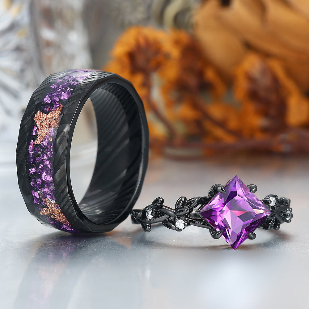 Interlaced Leaf Branches Amethyst Engagement Rings For Couples Matching Purple Damascus Steel Wedding Bands