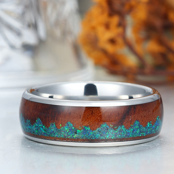Peacock Green Opal Fashion Men's 8mm Tungsten Steel Wedding Ring Black Silver Promise Ring