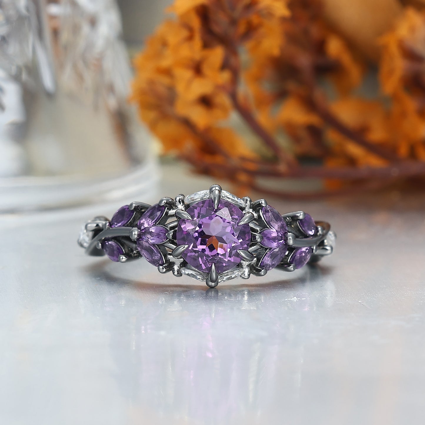 Amethyst and Black Damascus Steel Wedding Bands Matching Ring Set for Couples