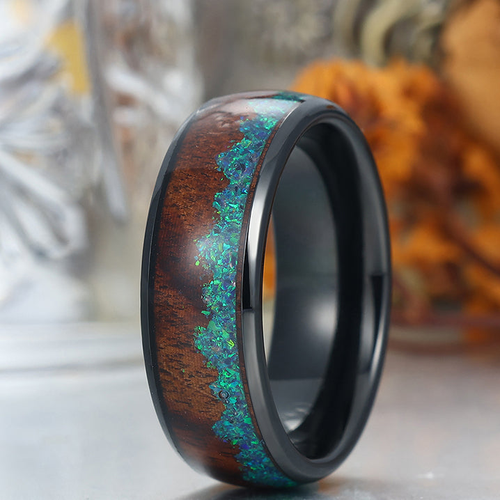 Peacock Green Opal Fashion Men's 8mm Tungsten Steel Wedding Ring Black Silver Promise Ring