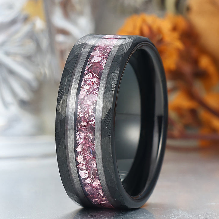 Men's 8mm Tungsten Ring Pink Sapphire Inset Wedding Ring - Black, Rose Gold, Yellow Gold Anniversary & Promise Ring