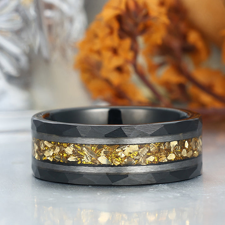 8mm Yellow Citrine Mens Engagement Band Hammered Promise Ring for Him And Her