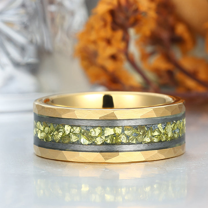 Crushed Peridot Wedding Band Yellow Green Mens Tungsten Ring Promise Statement Ring