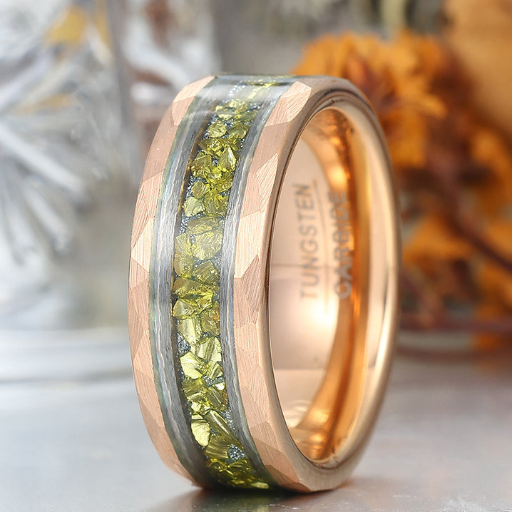 Crushed Peridot Wedding Band Yellow Green Mens Tungsten Ring Promise Statement Ring