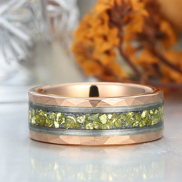 Crushed Peridot Wedding Band Yellow Green Mens Tungsten Ring Promise Statement Ring
