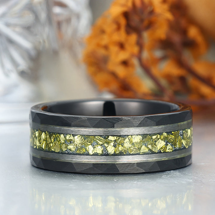 Crushed Peridot Wedding Band Yellow Green Mens Tungsten Ring Promise Statement Ring