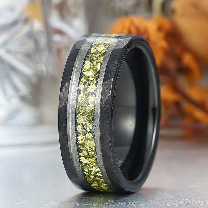 Crushed Peridot Wedding Band Yellow Green Mens Tungsten Ring Promise Statement Ring