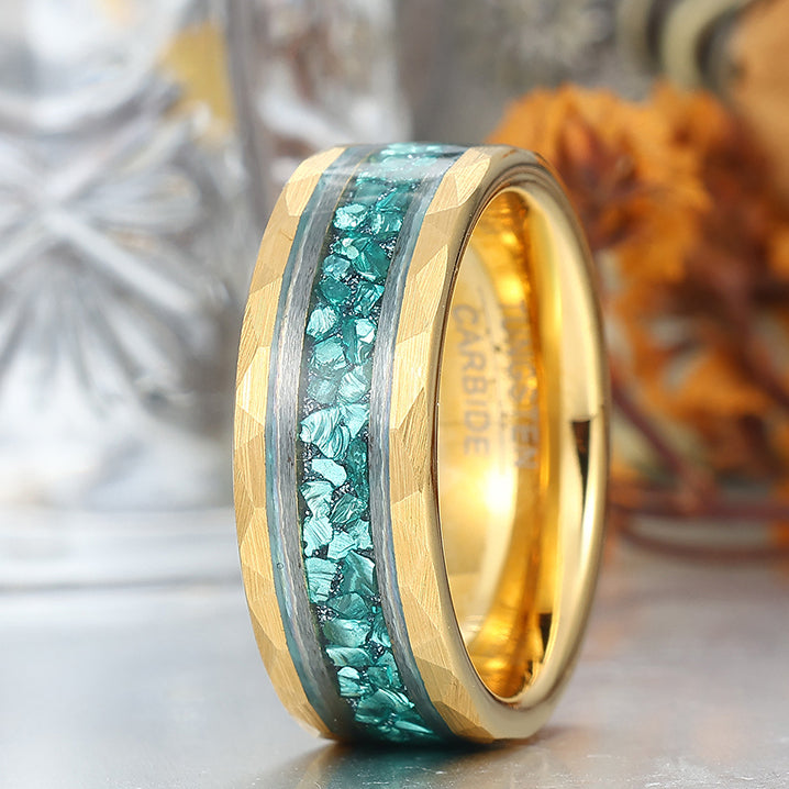 Aquamarine Hammered Hammered Tungsten Wedding Band For Men And Women 8mm Engraving Ring