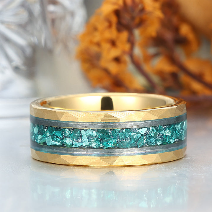 Aquamarine Hammered Hammered Tungsten Wedding Band For Men And Women 8mm Engraving Ring