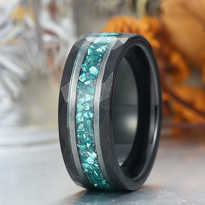 Aquamarine Hammered Hammered Tungsten Wedding Band For Men And Women 8mm Engraving Ring