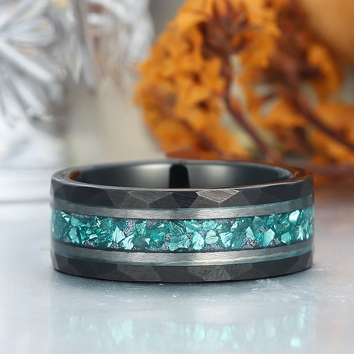Aquamarine Hammered Hammered Tungsten Wedding Band For Men And Women 8mm Engraving Ring