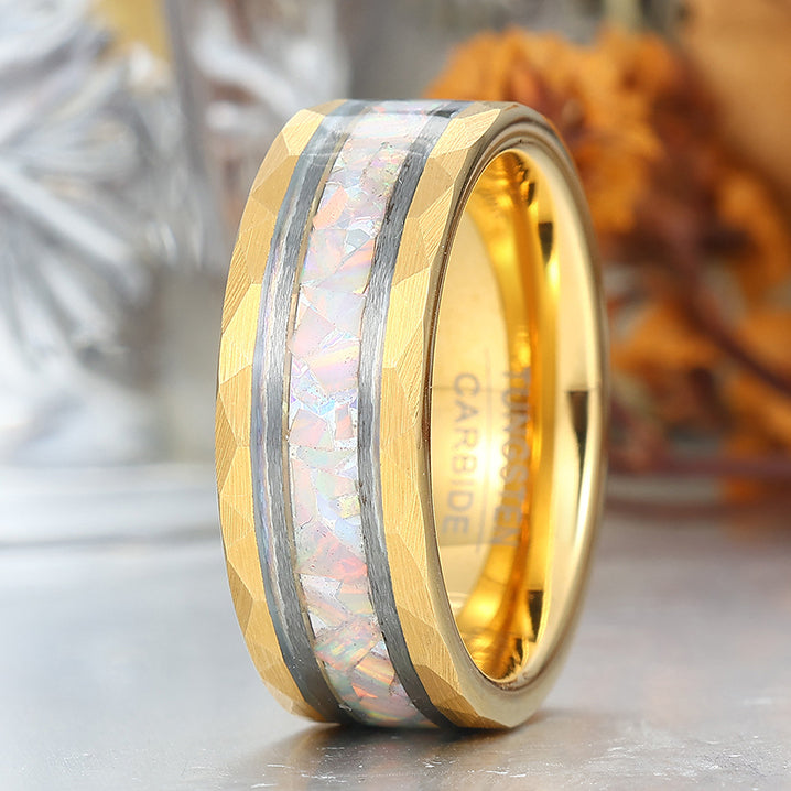 Pink White Opal Men's 8mm Tungsten Wedding Ring - Black, Rose Gold, Yellow Gold Anniversary & Promise Ring