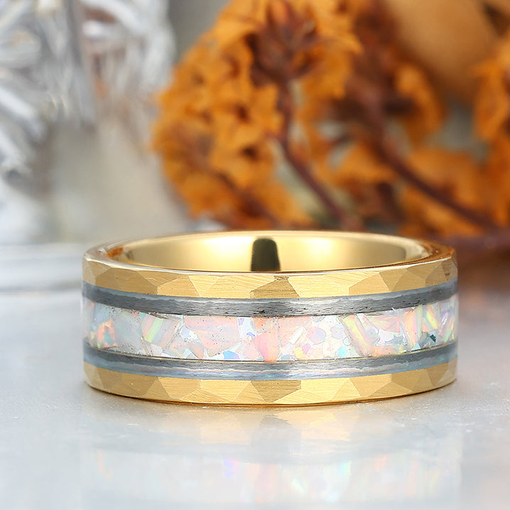 Pink White Opal Men's 8mm Tungsten Wedding Ring - Black, Rose Gold, Yellow Gold Anniversary & Promise Ring