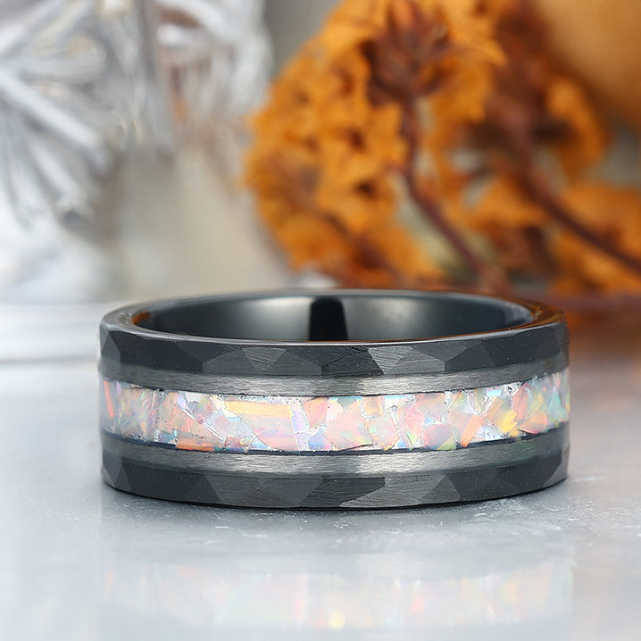Pink White Opal Men's 8mm Tungsten Wedding Ring - Black, Rose Gold, Yellow Gold Anniversary & Promise Ring