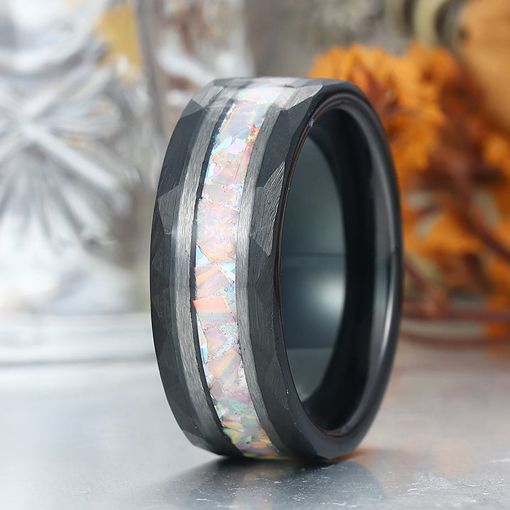 Pink White Opal Men's 8mm Tungsten Wedding Ring - Black, Rose Gold, Yellow Gold Anniversary & Promise Ring