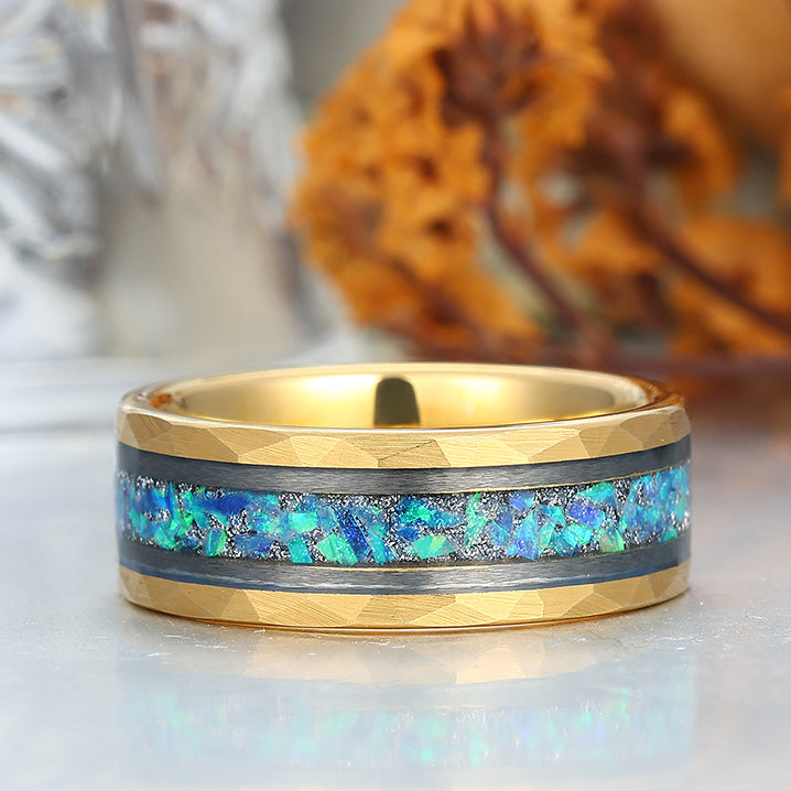 Elegant Men's 8mm Tungsten Ring Blue Opal Inset - Black, Rose Gold, Yellow Gold Anniversary & Promise Ring