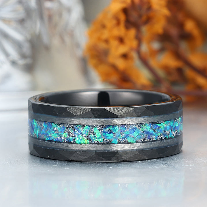 Elegant Men's 8mm Tungsten Ring Blue Opal Inset - Black, Rose Gold, Yellow Gold Anniversary & Promise Ring