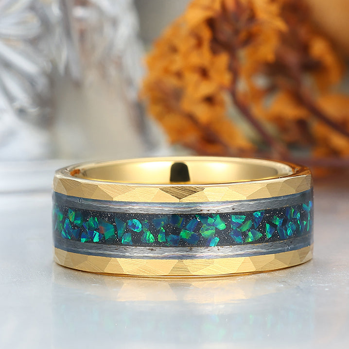 Stylish Men's 8mm Tungsten Ring Peacock Green Opal - Black, Rose Gold, Yellow Gold Anniversary & Promise Band