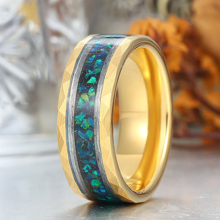 Stylish Men's 8mm Tungsten Ring Peacock Green Opal - Black, Rose Gold, Yellow Gold Anniversary & Promise Band