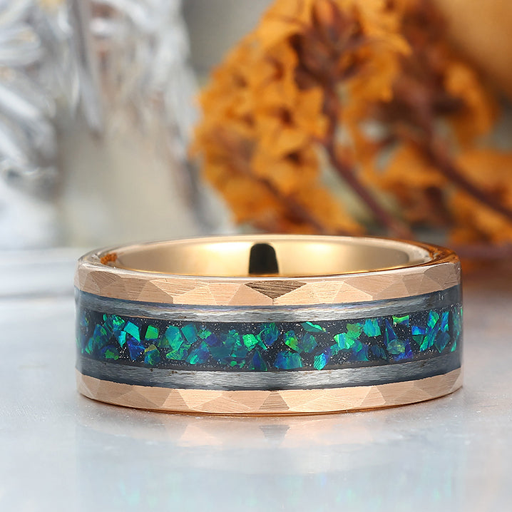 Stylish Men's 8mm Tungsten Ring Peacock Green Opal - Black, Rose Gold, Yellow Gold Anniversary & Promise Band