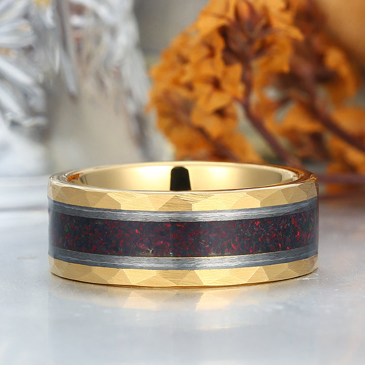 Red Fire Opal Wedding Band Men' s Opal Tungsten Ring Hammered Unisex Anniversary Ring
