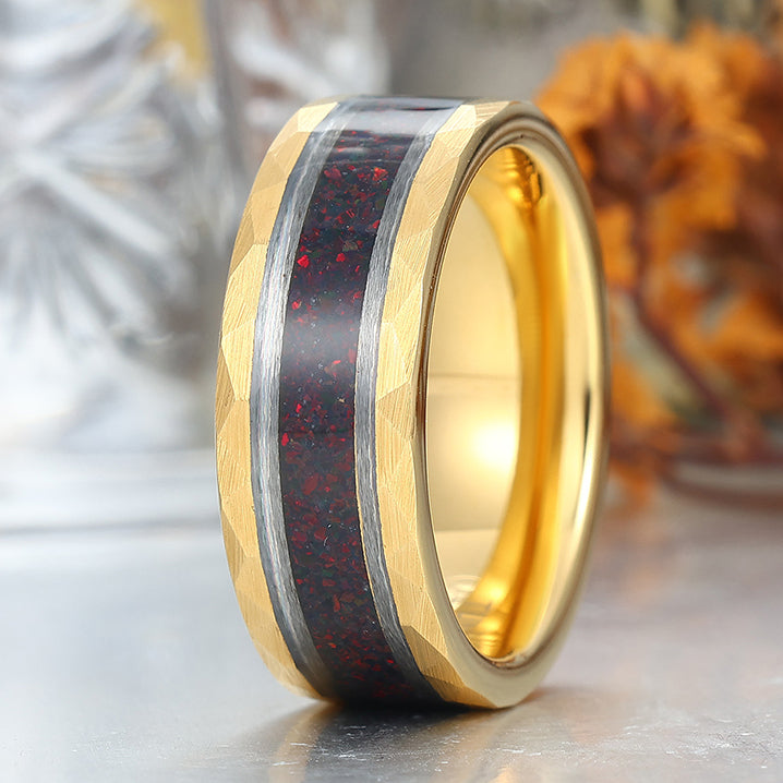 Red Fire Opal Wedding Band Men' s Opal Tungsten Ring Hammered Unisex Anniversary Ring