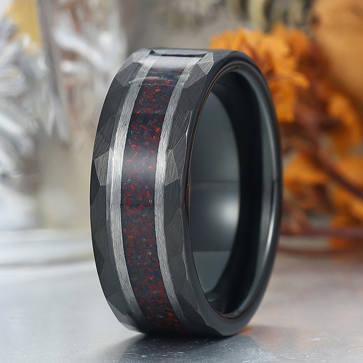 Red Fire Opal Wedding Band Men' s Opal Tungsten Ring Hammered Unisex Anniversary Ring