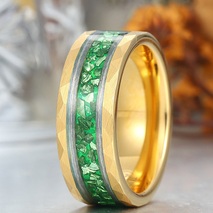 Green Emerald Men' s Tungsten Ring Hammered Unisex Anniversary Birthday Wedding Band