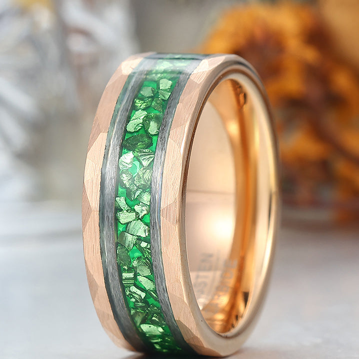 Green Emerald Men' s Tungsten Ring Hammered Unisex Anniversary Birthday Wedding Band
