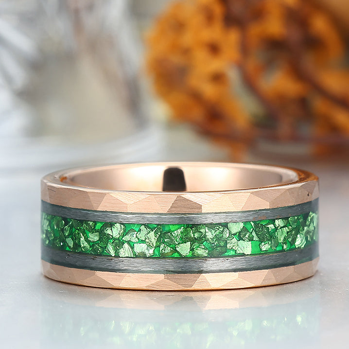 Green Emerald Men' s Tungsten Ring Hammered Unisex Anniversary Birthday Wedding Band