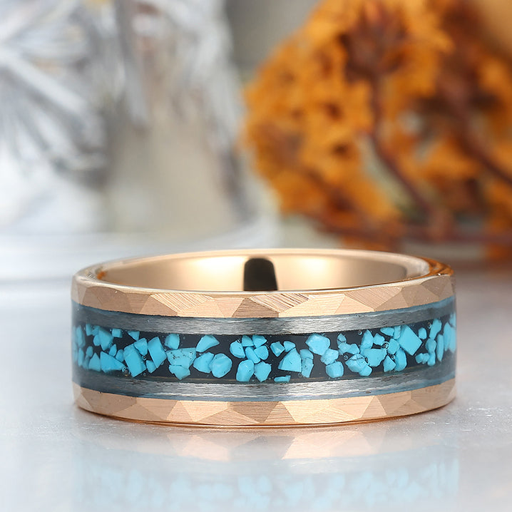 Unique Blue Green Turquoise Men' s Tungsten Ring Hammered Men And Women Anniversary Birthday Ring