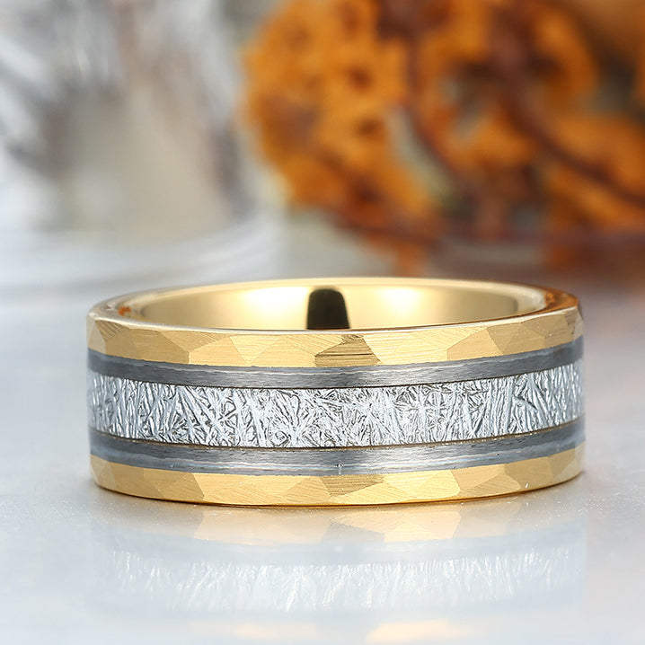 Unique Men's White Meteorite Inlay 8mm Tungsten Wedding Ring - Black, Rose, Yellow Gold Anniversary & Promise Band