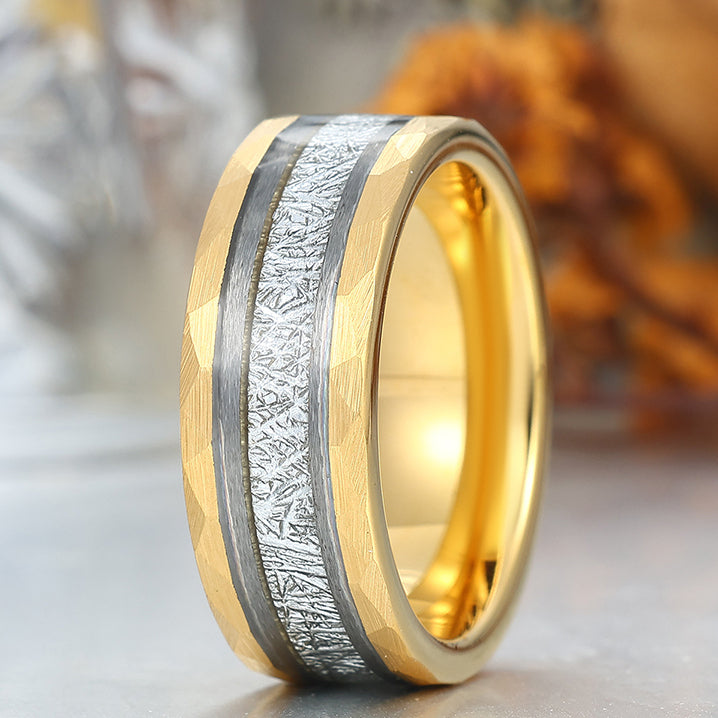 Unique Men's White Meteorite Inlay 8mm Tungsten Wedding Ring - Black, Rose, Yellow Gold Anniversary & Promise Band