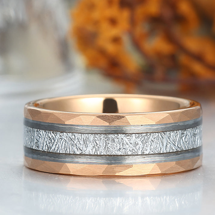 Unique Men's White Meteorite Inlay 8mm Tungsten Wedding Ring - Black, Rose, Yellow Gold Anniversary & Promise Band