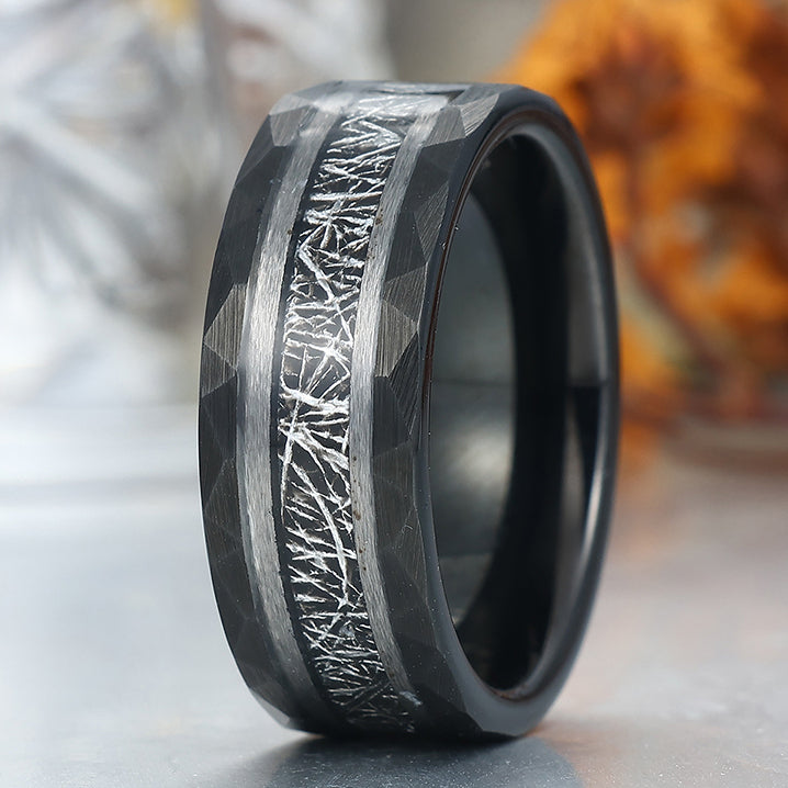 Tungsten Wedding Ring With White Meteorite Inlay Black Ring For Men and Women