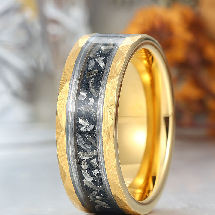 Engravable 8mm Hammered Tungsten Wedding Ring With Black Meteorite Men's Anniversary Band