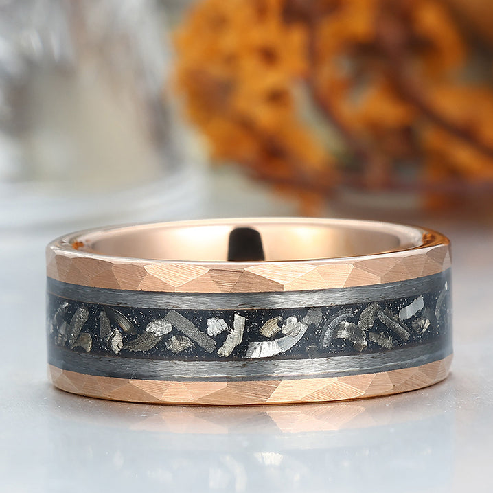 Engravable 8mm Hammered Tungsten Wedding Ring With Black Meteorite Men's Anniversary Band