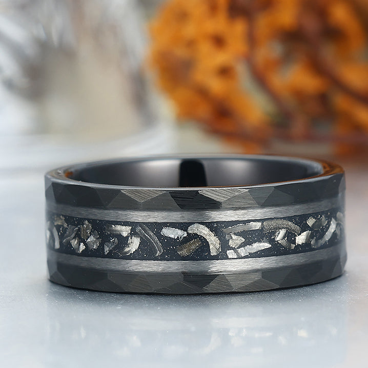 Engravable 8mm Hammered Tungsten Wedding Ring With Black Meteorite Men's Anniversary Band