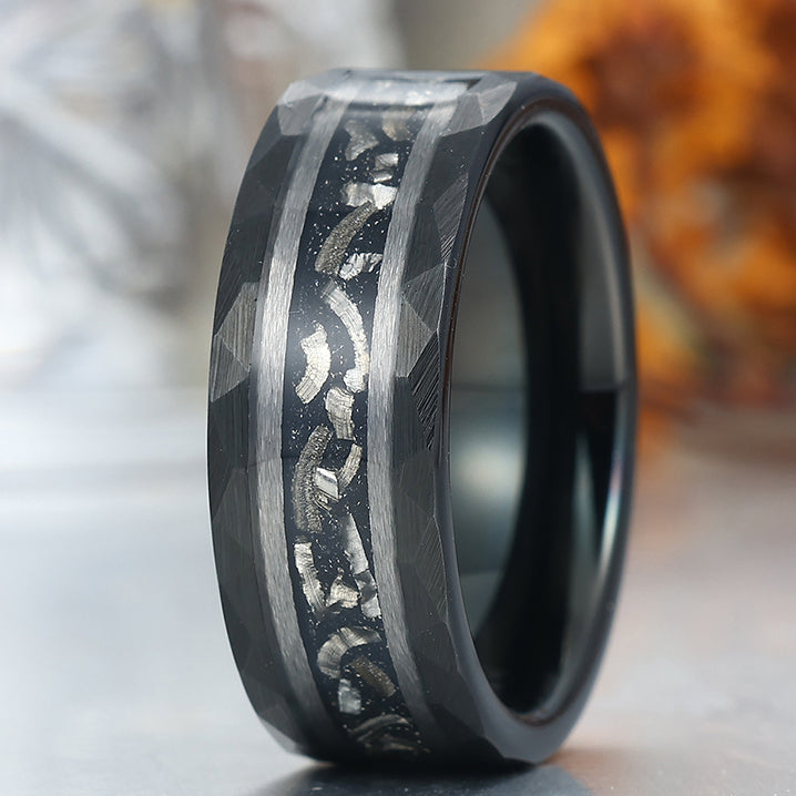 Engravable 8mm Hammered Tungsten Wedding Ring With Black Meteorite Men's Anniversary Band
