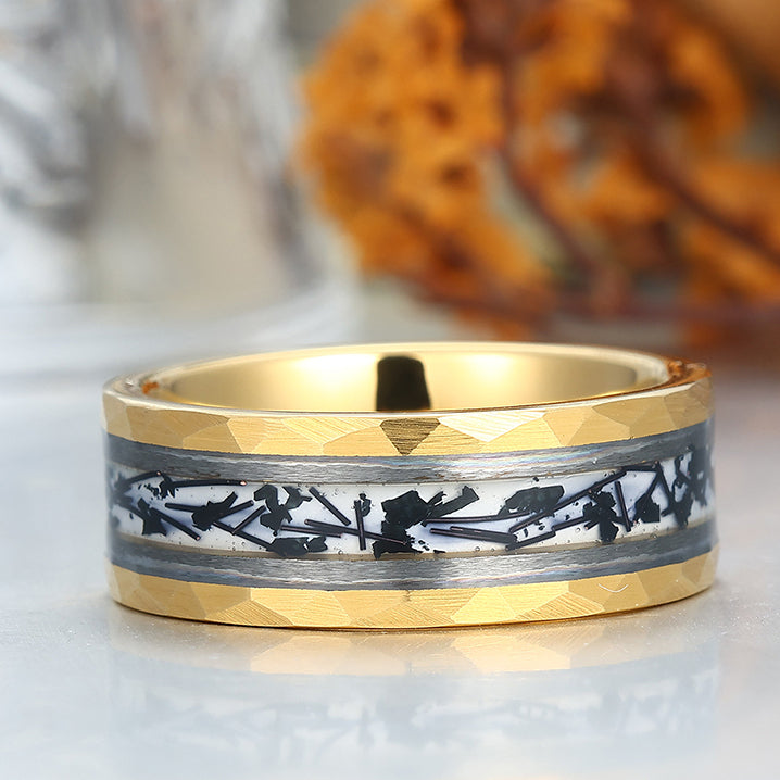 Hammered Tungsten Inlaid Black Rutilated Quartz Men's 8mm Wedding Ring - Black, Rose or Yellow Gold Promise Ring