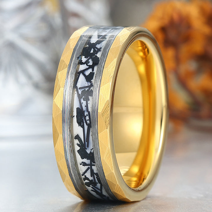Hammered Tungsten Inlaid Black Rutilated Quartz Men's 8mm Wedding Ring - Black, Rose or Yellow Gold Promise Ring