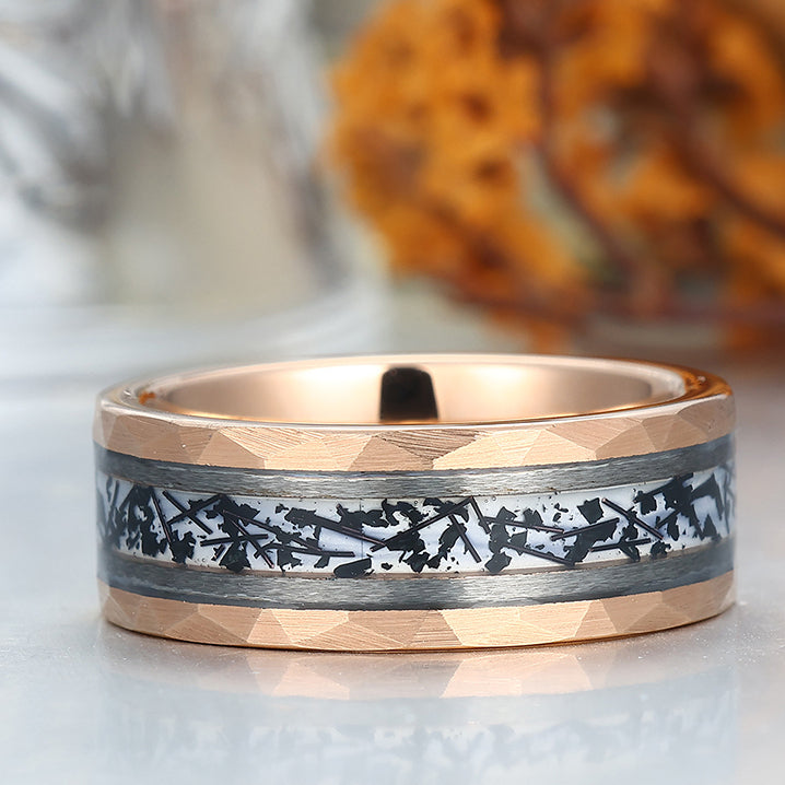Hammered Tungsten Inlaid Black Rutilated Quartz Men's 8mm Wedding Ring - Black, Rose or Yellow Gold Promise Ring