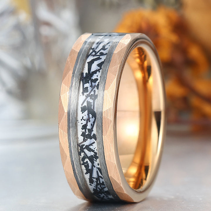 Hammered Tungsten Inlaid Black Rutilated Quartz Men's 8mm Wedding Ring - Black, Rose or Yellow Gold Promise Ring