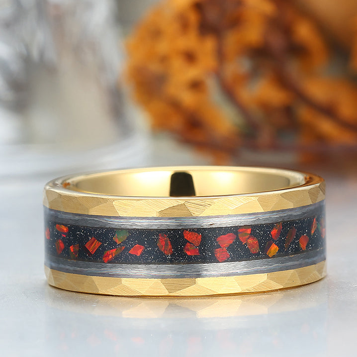 Hammered Red Opal 8mm Wide Men' s Tungsten Wedding Band Stylish Unisex Ring