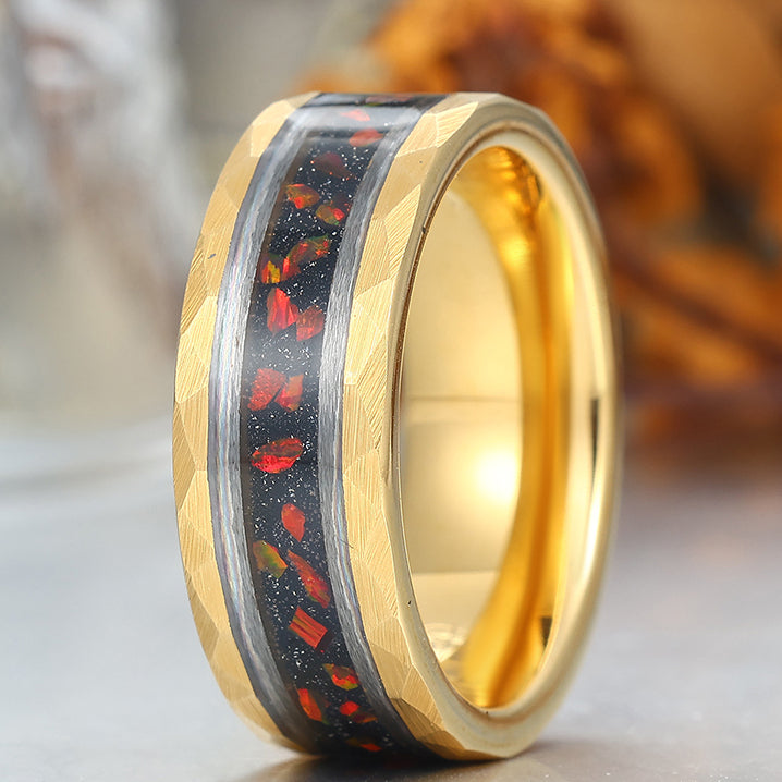 Hammered Red Opal 8mm Wide Men' s Tungsten Wedding Band Stylish Unisex Ring