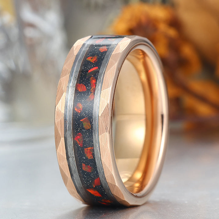 Hammered Red Opal 8mm Wide Men' s Tungsten Wedding Band Stylish Unisex Ring
